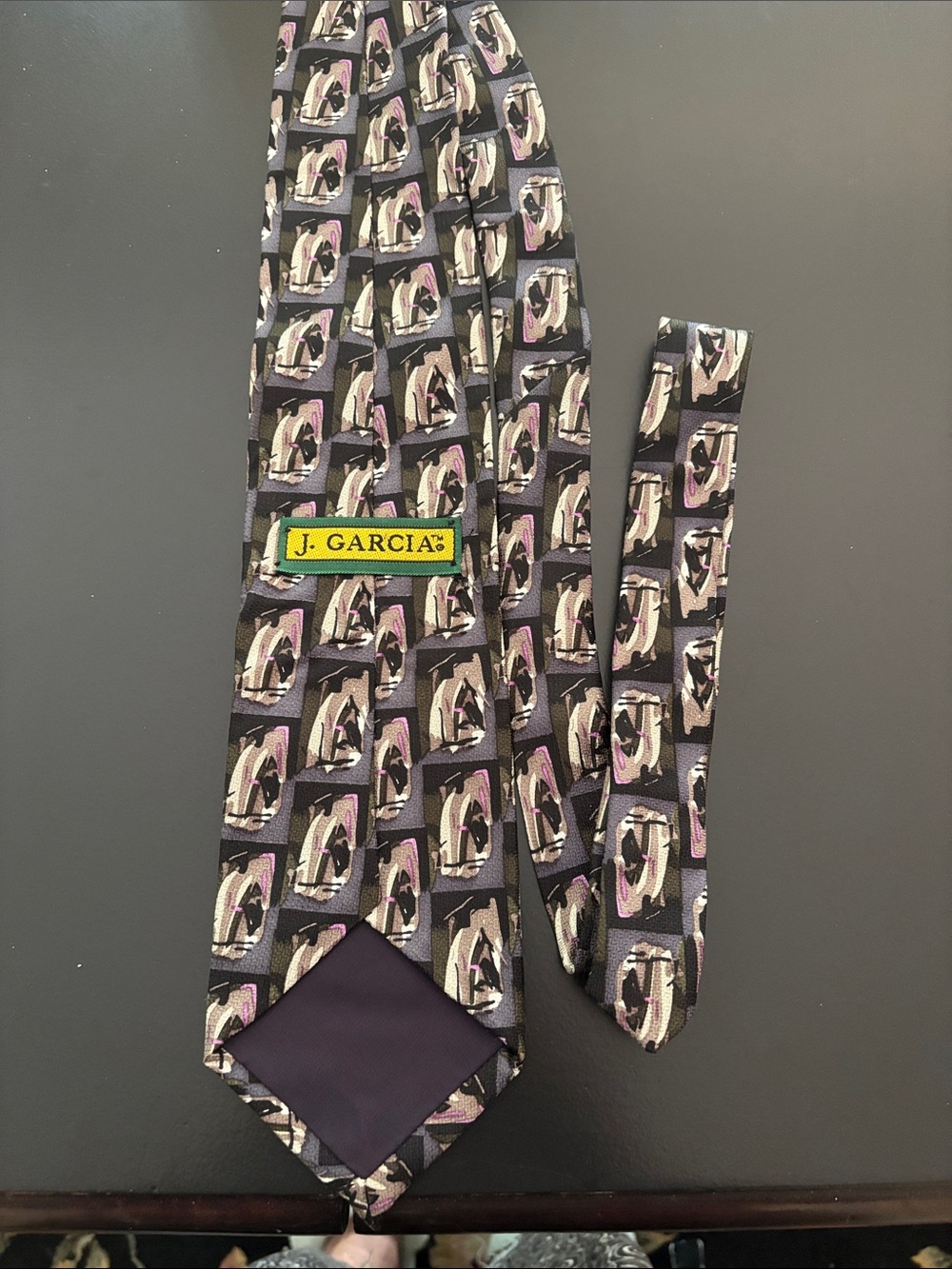 J. Garcia Silk Black Tie with Purple and Taupe Geometric Motif